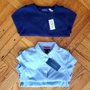 NWT Set 2 Tommy Hilfiger Girls Uniform Shirts + 1 Children's Place Cardigan sz 5